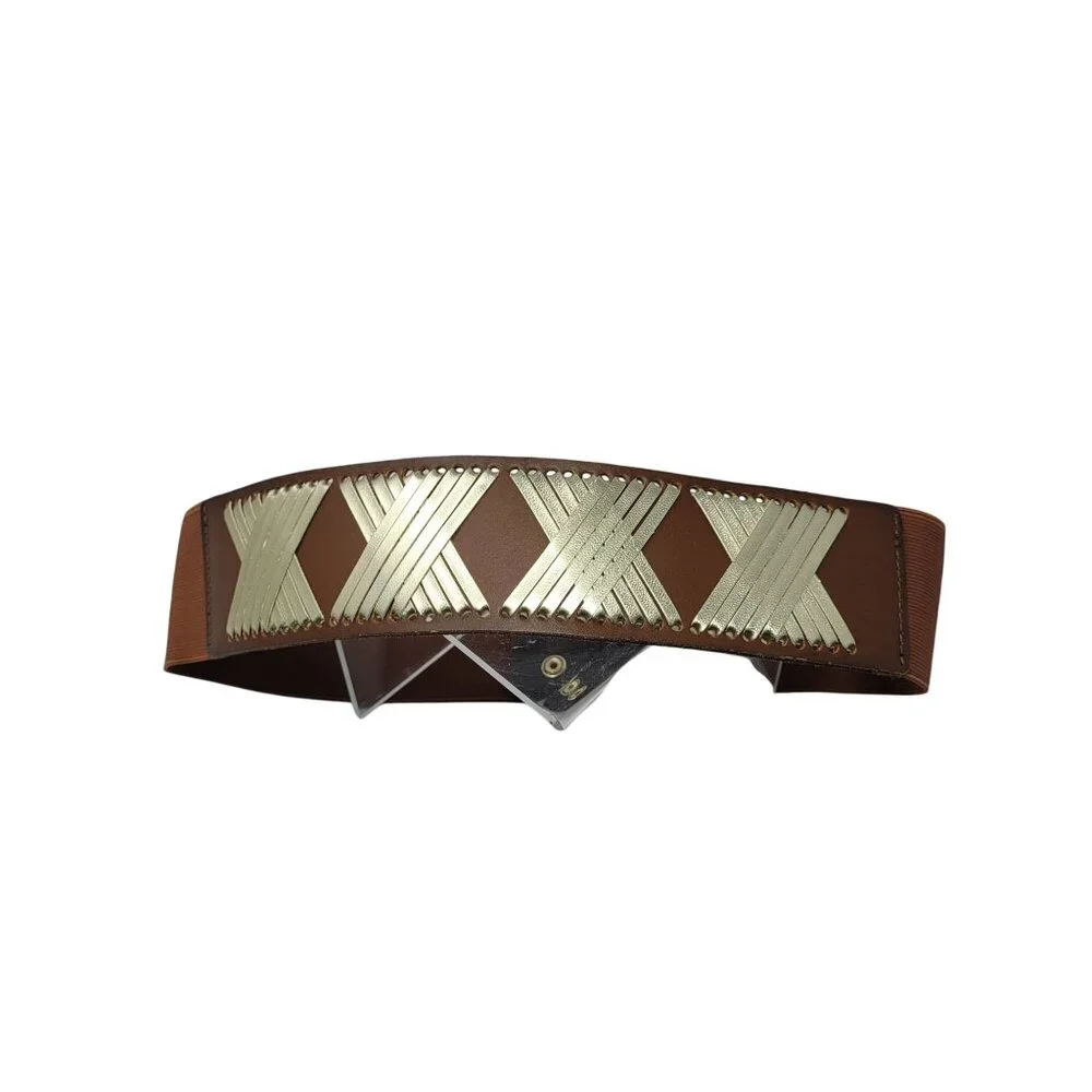 Vtg‎ Express Western Wide Brown Leather Stretch Waist Belt Sz S/M Gold Weave